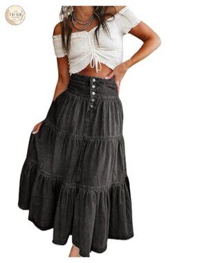 High Waist Long Denim Maxi Skirt Button-Fly Tiered Ruffle A-Line Jean Skirt